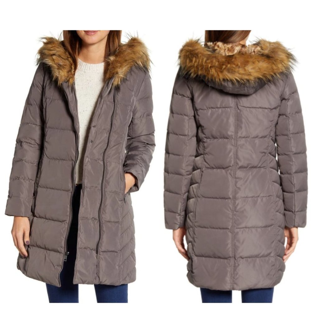 Size S COLE HAAN Feather & Down Puffer With Faux Fur Trim Hood Purplish Gray